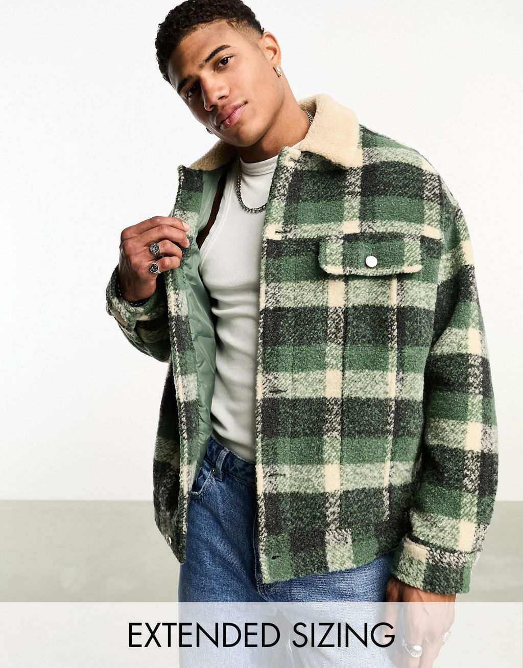 

Зеленая куртка в клетку с воротником борг ASOS DESIGN, Зеленый