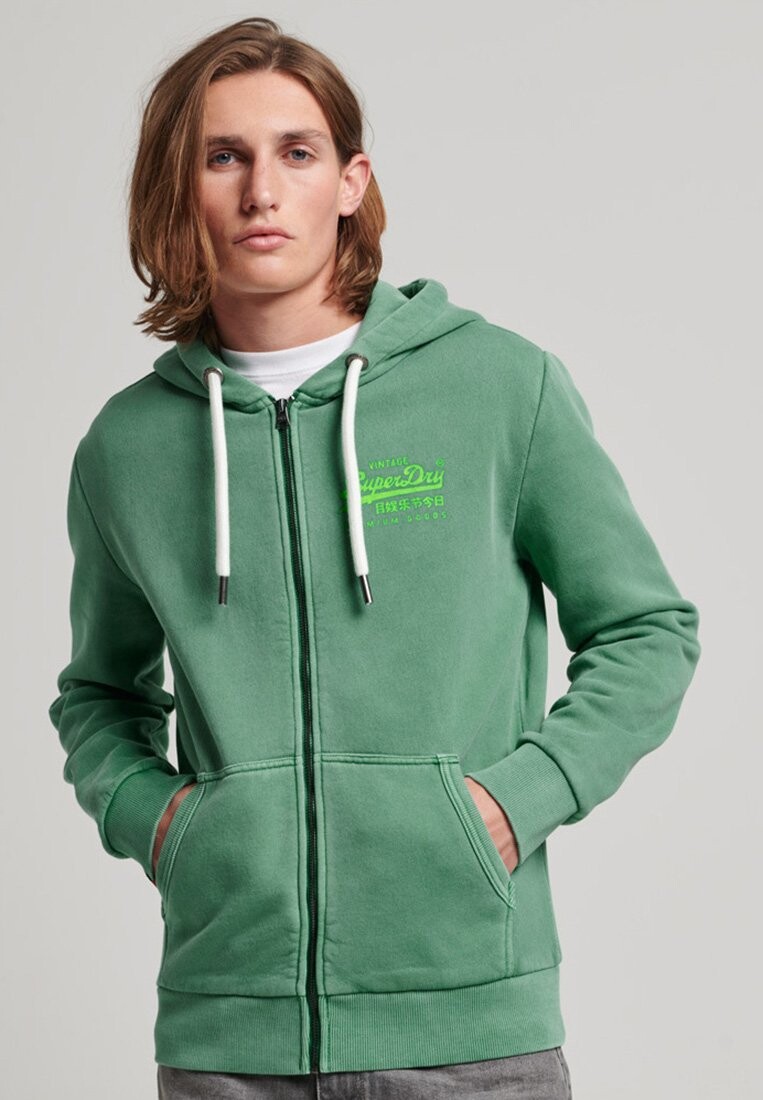 

Толстовка на молнии Superdry Vintage Logo Neon Zip, зеленая оцинковка, Зеленый