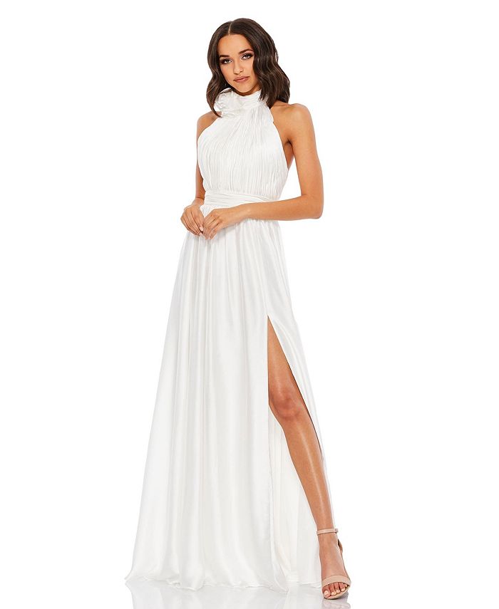 Женское платье с мягким воротником и высоким разрезом на завязках Mac Duggal, белый платье свадебное шифоновое трапециевидное с круглым вырезом кружевной аппликацией и открытой спиной