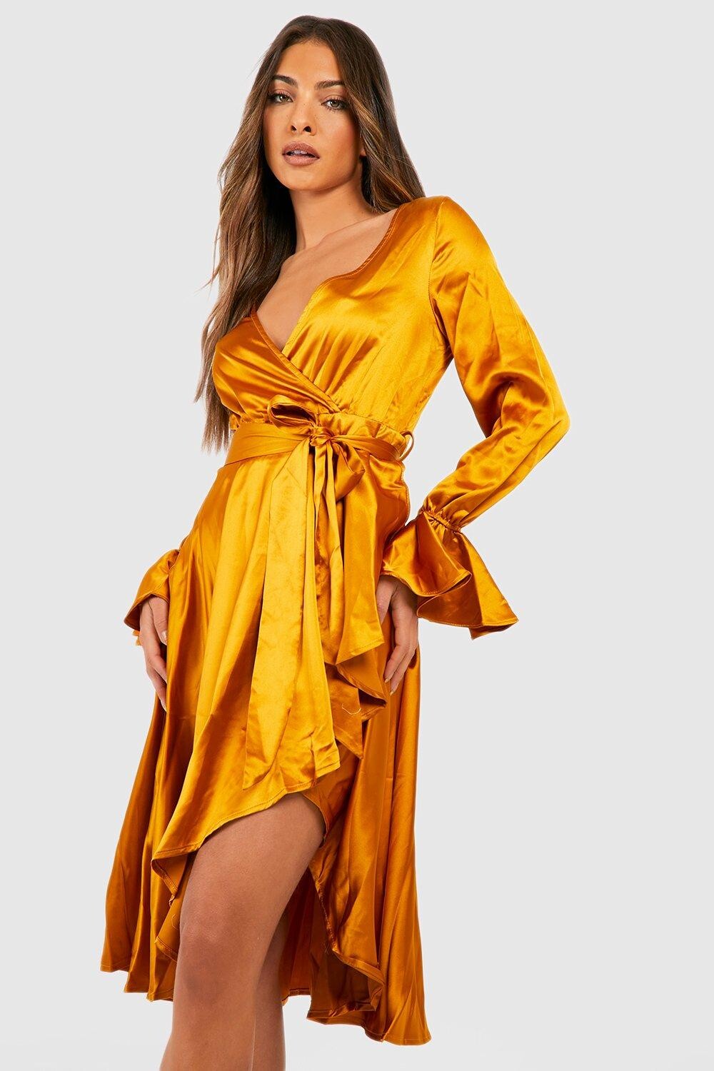 

Платье миди атласное платье с запахом на манжетах Boohoo, горчичный, Желтый