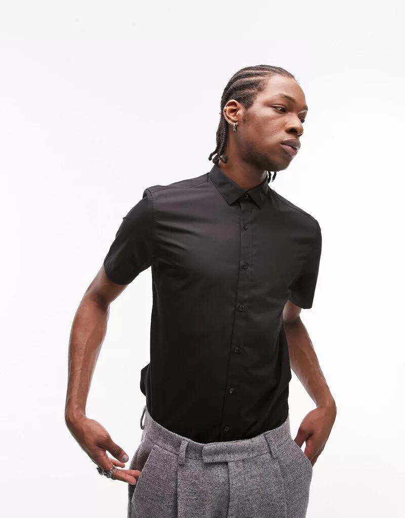 

Элегантная черная эластичная рубашка с короткими рукавами Topman