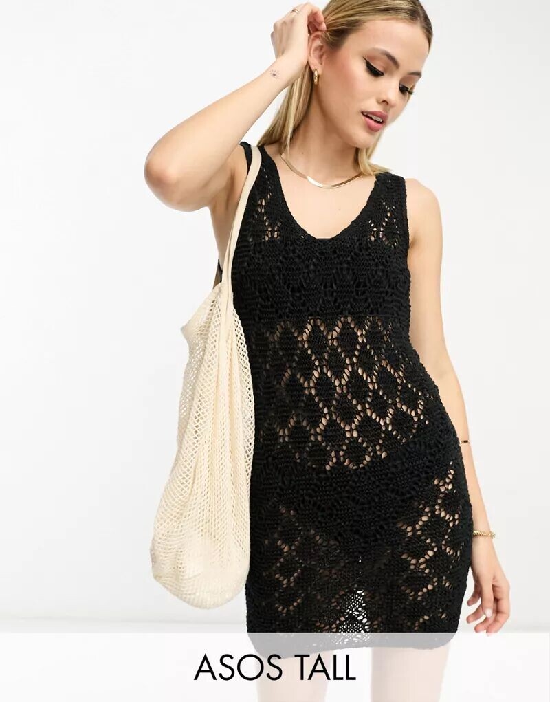 

Черное ажурное трикотажное платье мини без рукавов ASOS DESIGN Tall