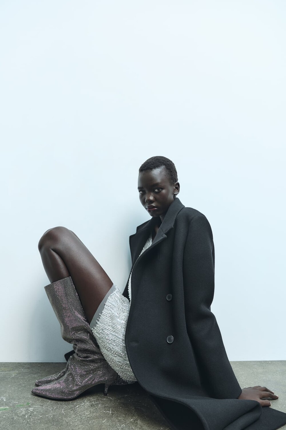 

Ботинки до колена со стразами и широкой икрой ZARA, серебро