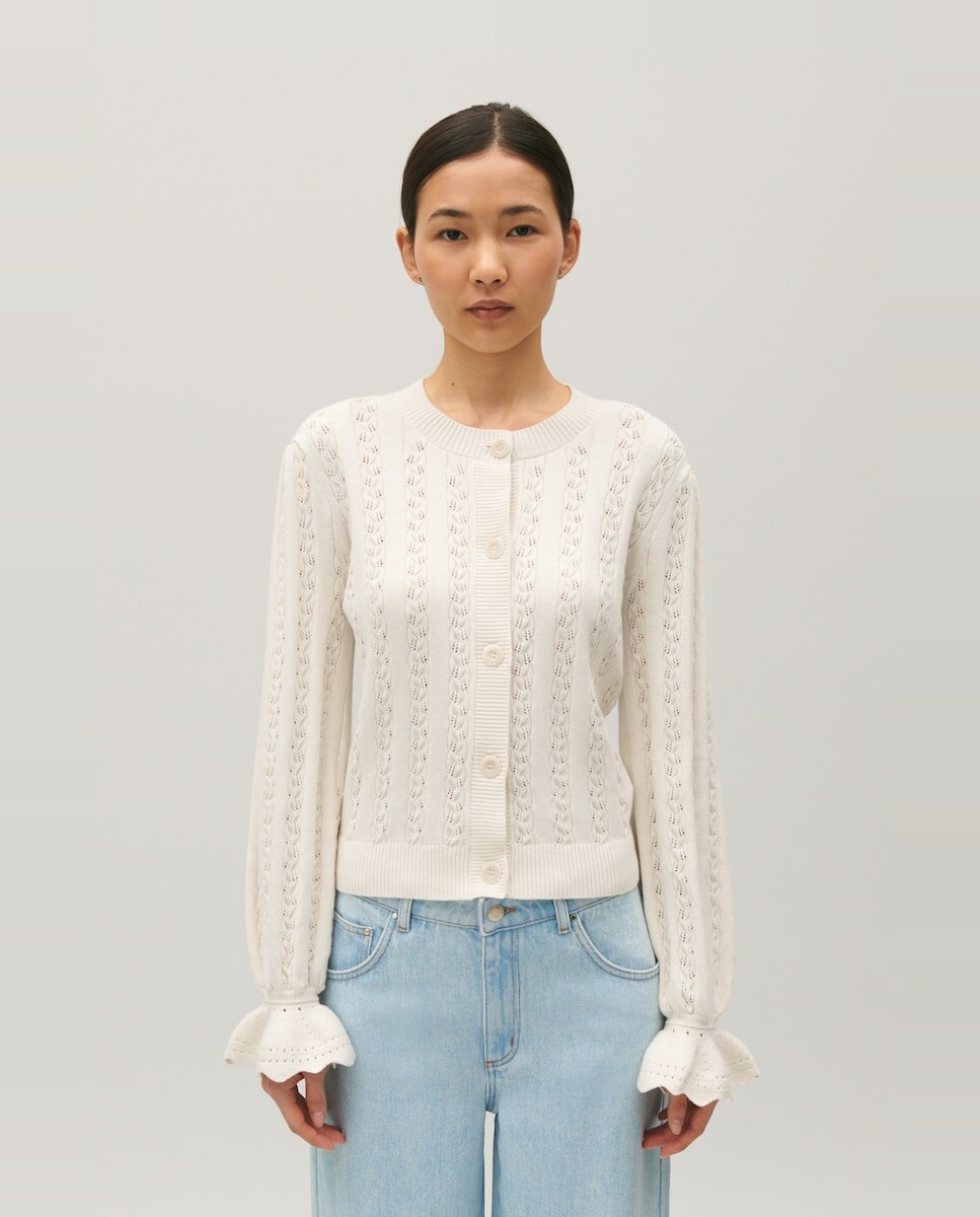 

Женский вязаный кардиган с рюшами Claudie Pierlot, белый