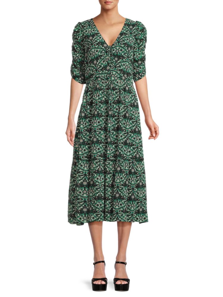Крестьянское платье-миди с цветочным принтом Ba&Sh, цвет Vert Tuileries