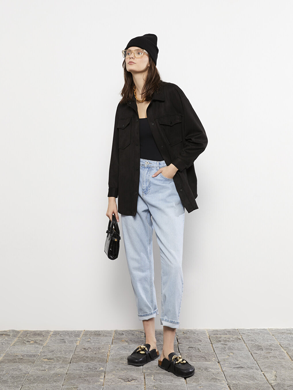 

Женское однотонное кожаное пальто с рубашечным воротником LCW Casual
