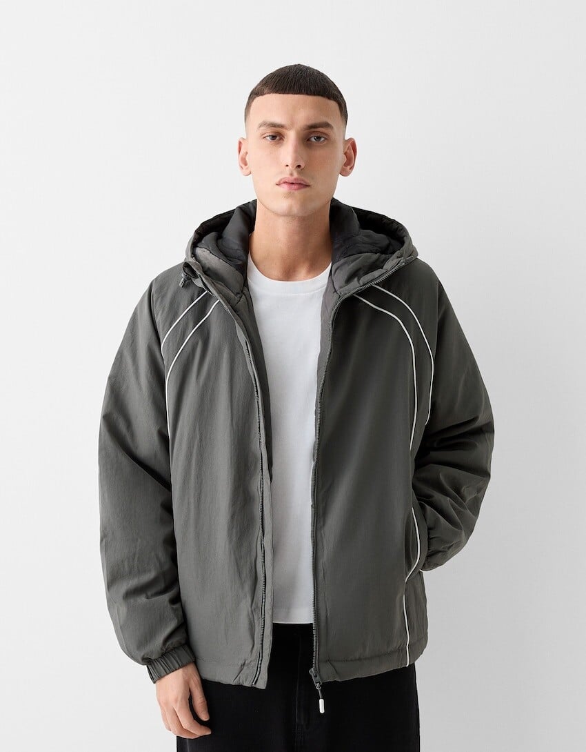 

Комбинированная техническая куртка с капюшоном Bershka, серый