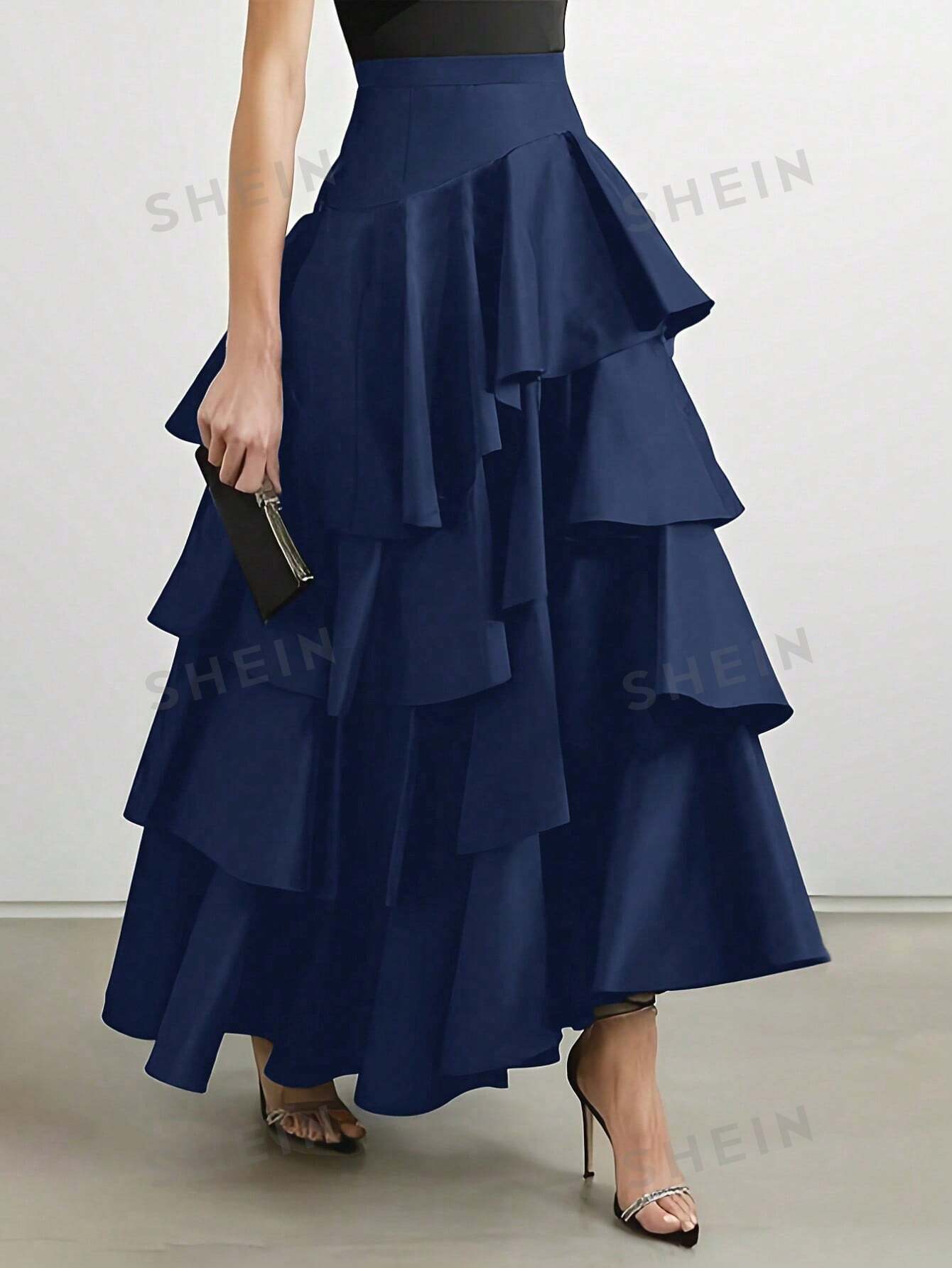 SHEIN Privé Однотонная многослойная юбка-миди с рюшами, темно-синий