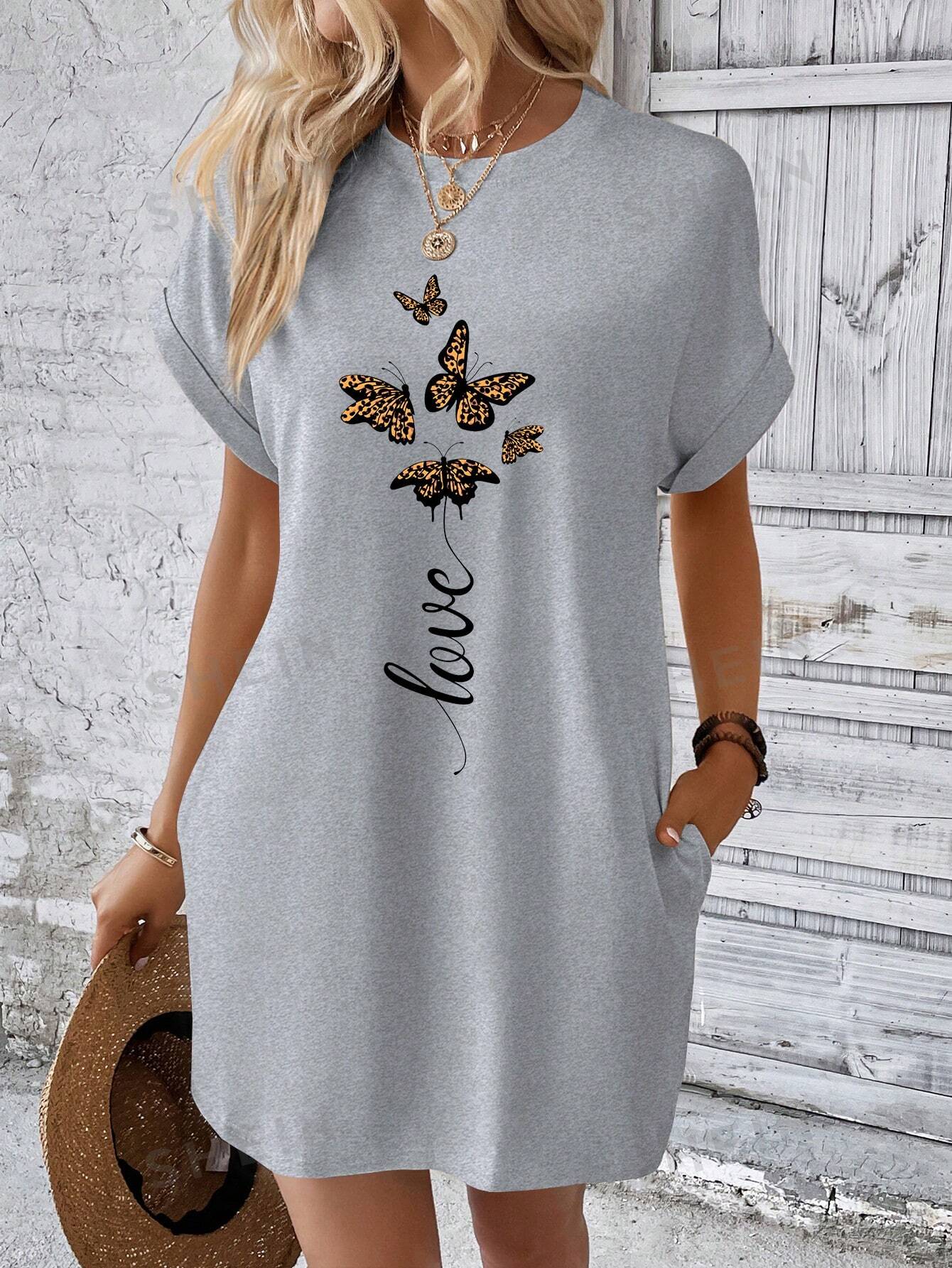 SHEIN LUNE Женское платье-футболка с рукавами «летучая мышь» и принтом бабочки, серый