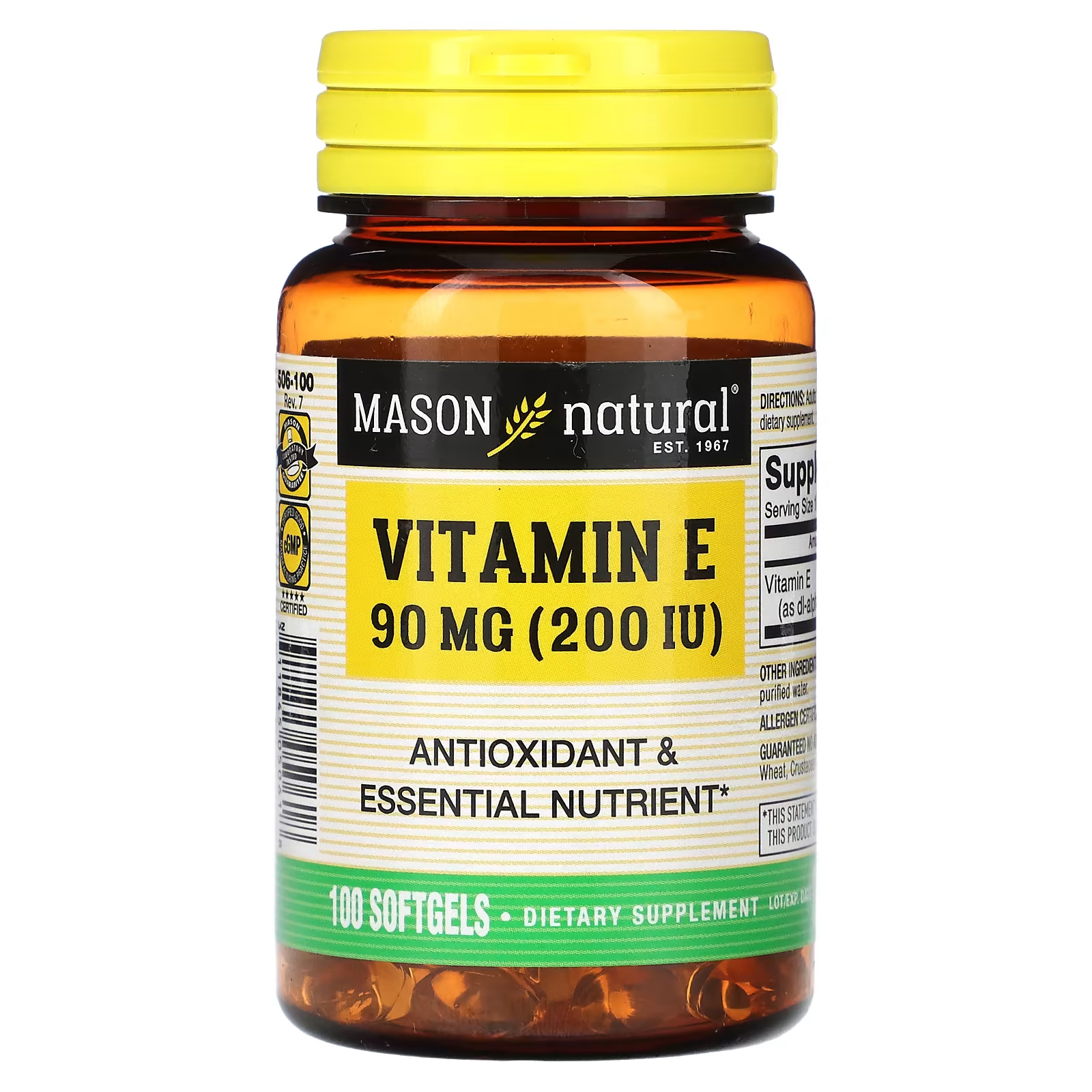 Mason Natural Витамин Е 90 мг 200 МЕ 100 мягких таблеток solgar натуральный витамин е 67 мг 100 ме 100 мягких таблеток