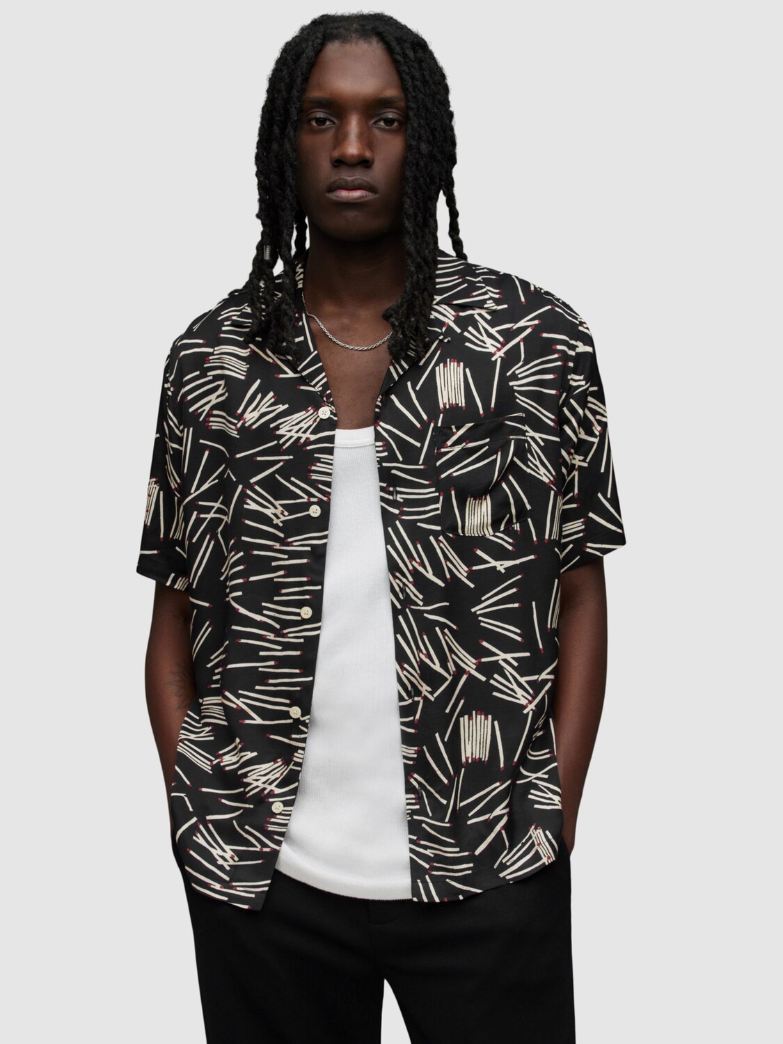 

Рубашка с короткими рукавами и воротником-стойкой Matchstick AllSaints, черный как смоль