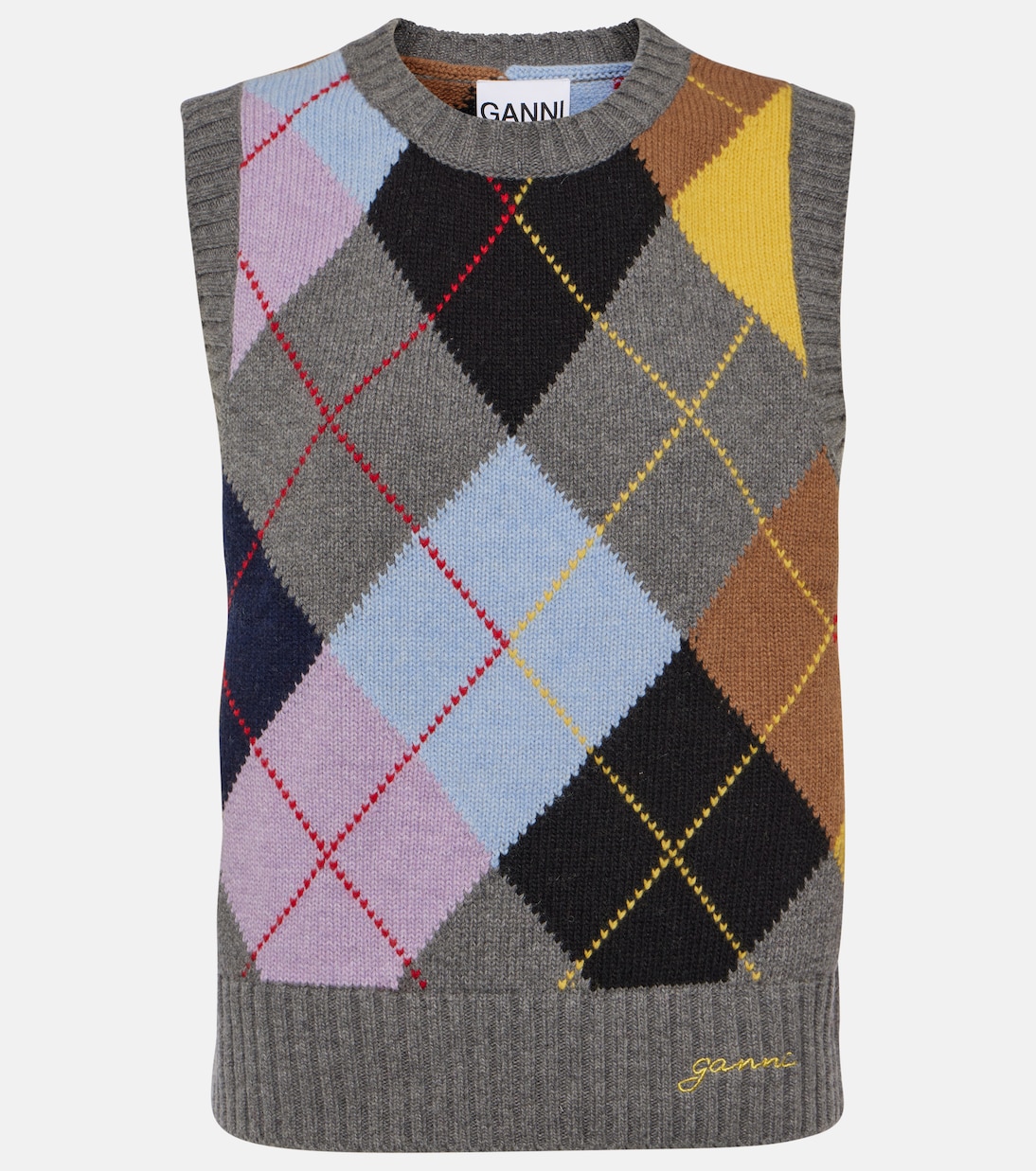 Жилет-свитер с узором argyle из смесовой шерсти Ganni, мультиколор свитер с логотипом из смесовой шерсти ganni розовый