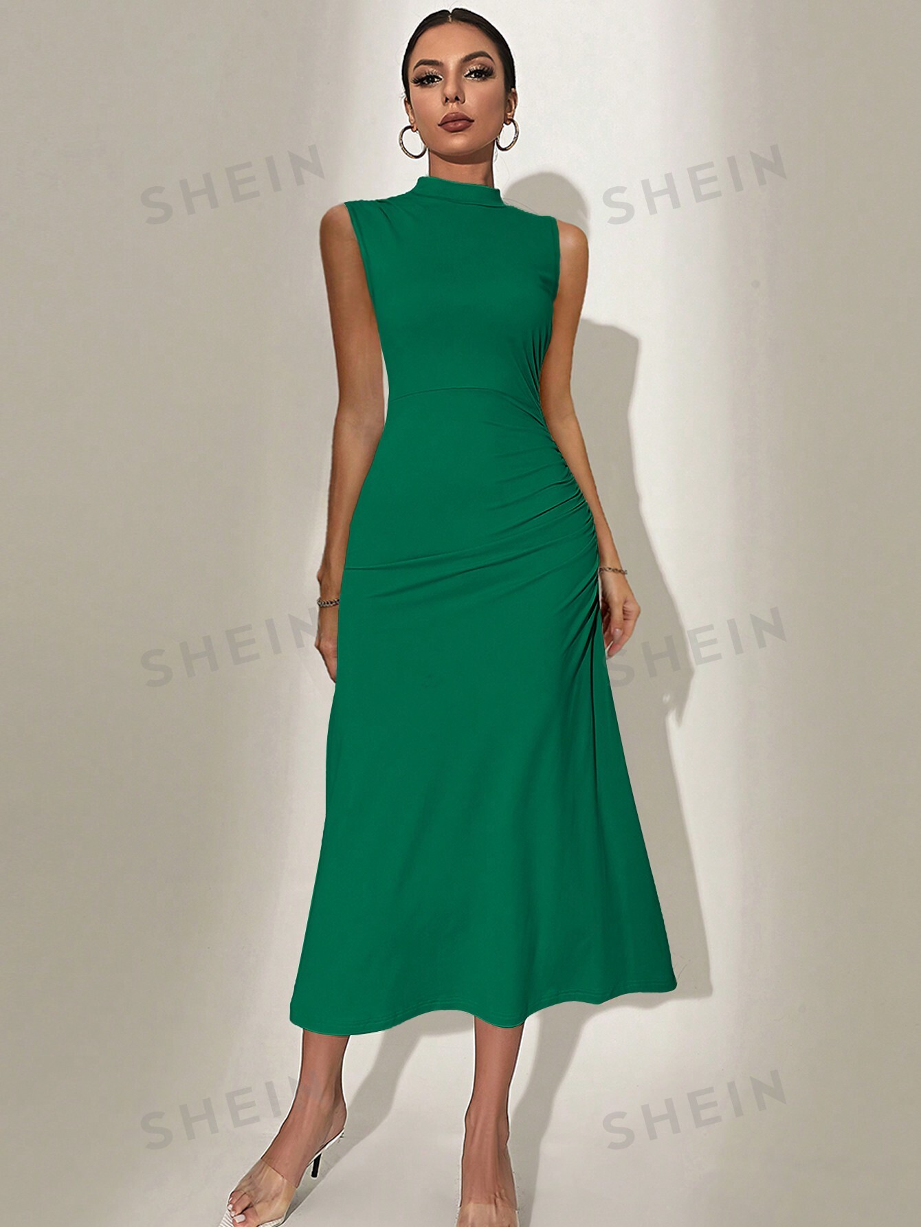SHEIN Privé женское модное однотонное плиссированное платье без рукавов с воротником-стойкой, зеленый осеннее белое плиссированное платье рубашка с длинным рукавом женское повседневное мини платье с отложным воротником дамское офисное тра