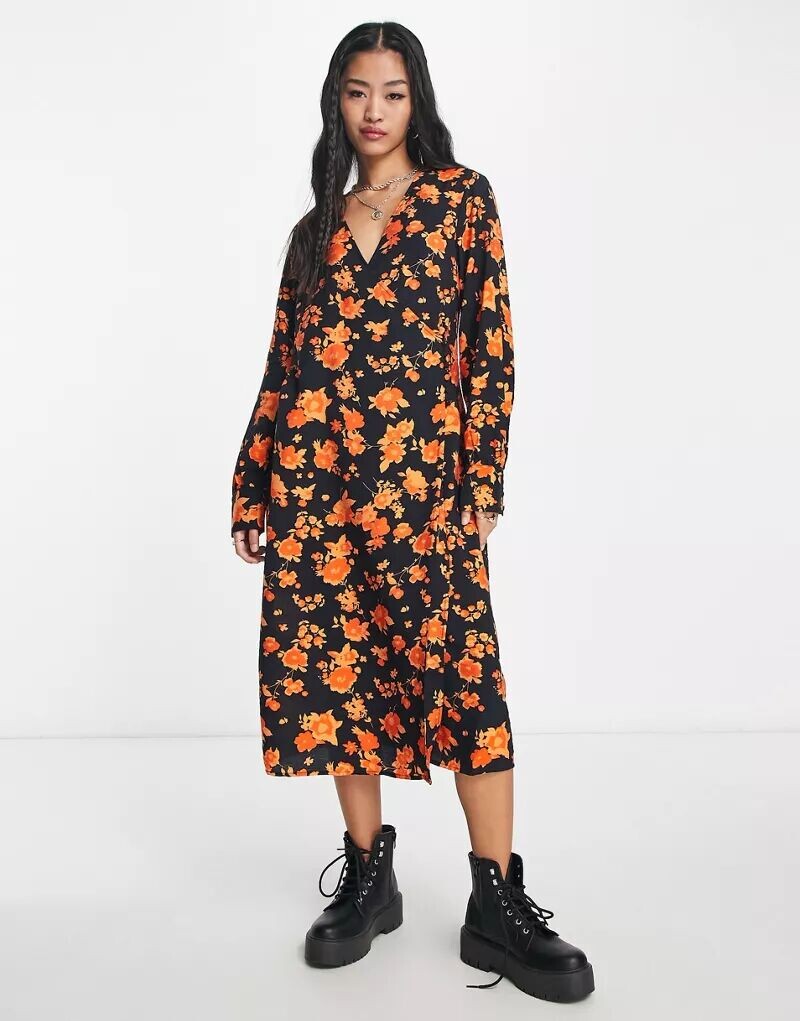 

Оранжевое платье миди с запахом и длинными рукавами Vero Moda