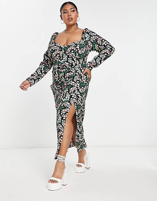 

Чайное платье миди с чашками и чашками ASOS DESIGN Curve с ярким цветочным принтом