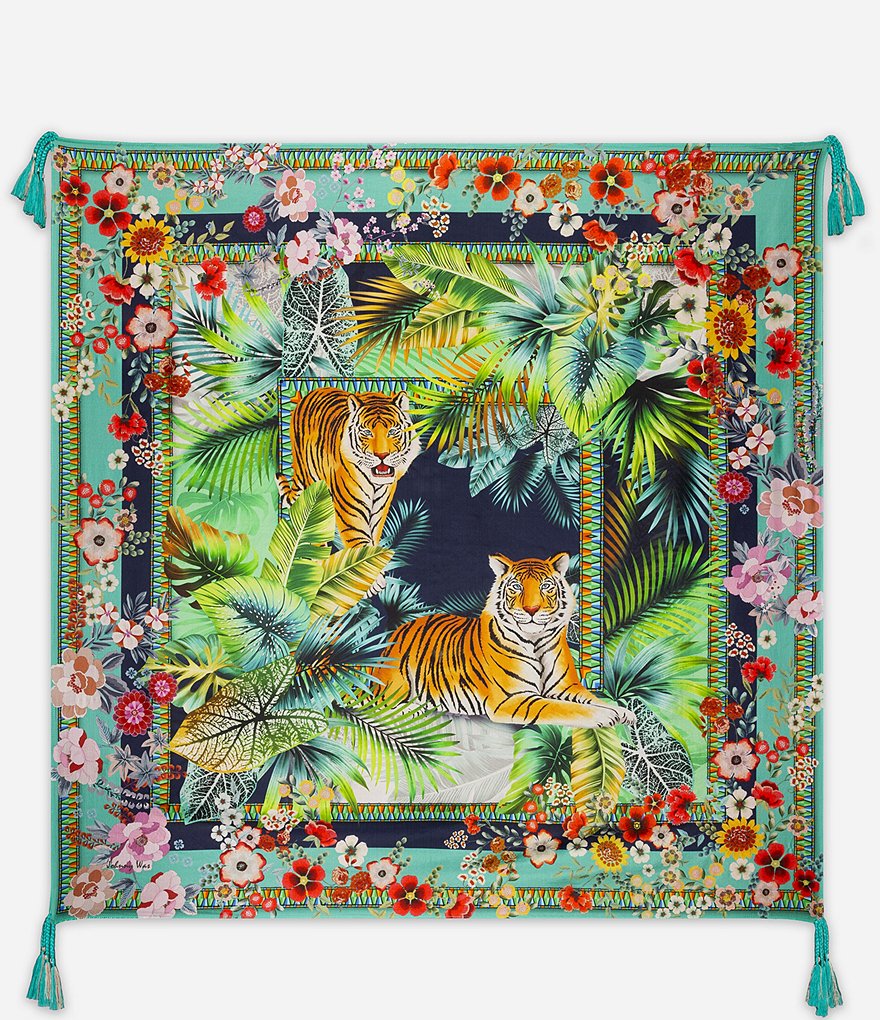 JOHNNY WAS Tigres Et Fleurs Шелковый квадратный шарф, зеленый