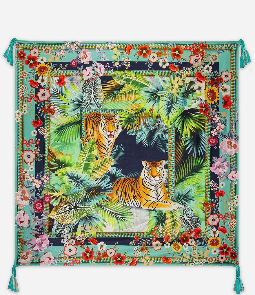

JOHNNY WAS Tigres Et Fleurs Шелковый квадратный шарф, зеленый