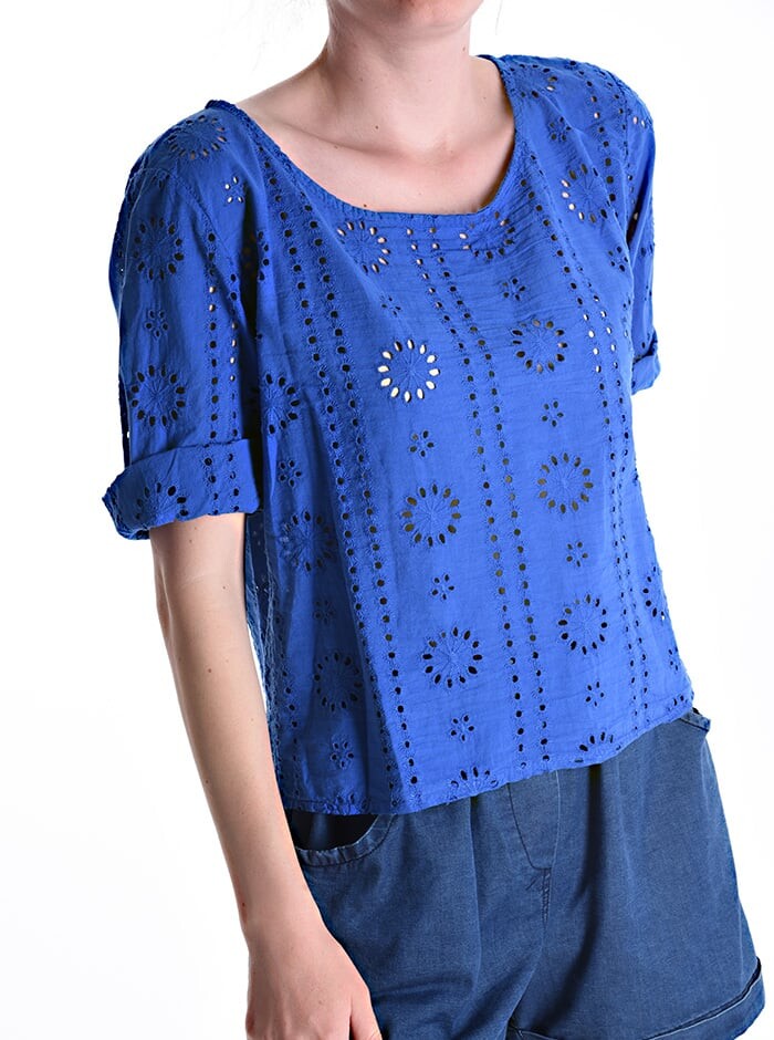 

Хлопковая блузка с короткими рукавами, английская вышивка, цвет Electric blue