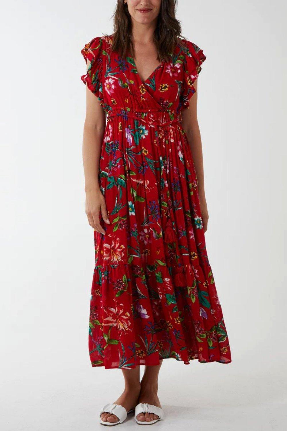 цена Платье макси с цветочным принтом и короткими рукавами оверсайз HOXTON GAL, красный