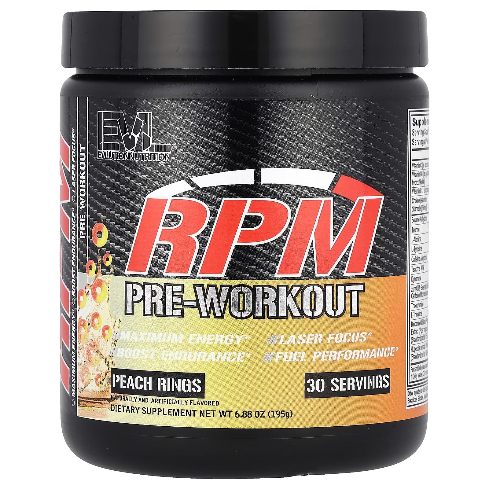 

RPM, Предтренировочный комплекс, персиковые колечки, 6,88 унции (195 г) Evlution Nutrition