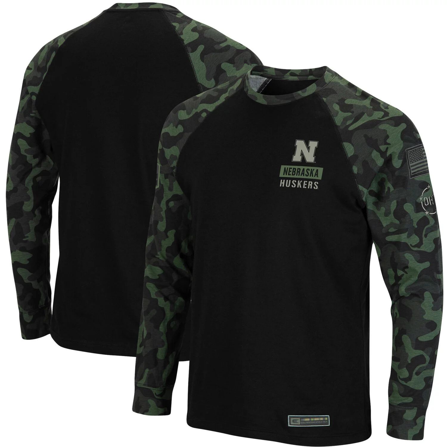 Мужская черная футболка Nebraska Huskers OHT Military Appreciation Camo Raglan с длинным рукавом Colosseum мужская черная футболка с длинным рукавом и худи в стиле милитари nebraska huskers oht colosseum