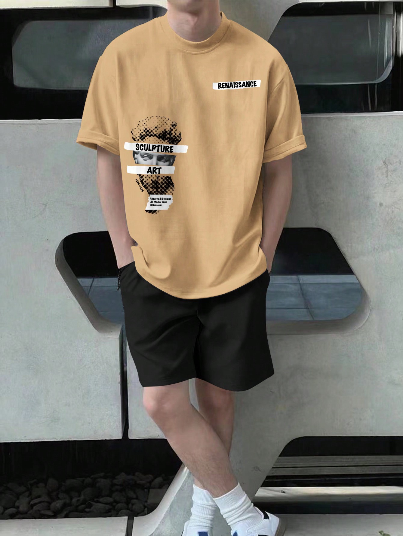 Мужской комплект из футболки и шорт с принтом персонажей и букв, абрикос фото