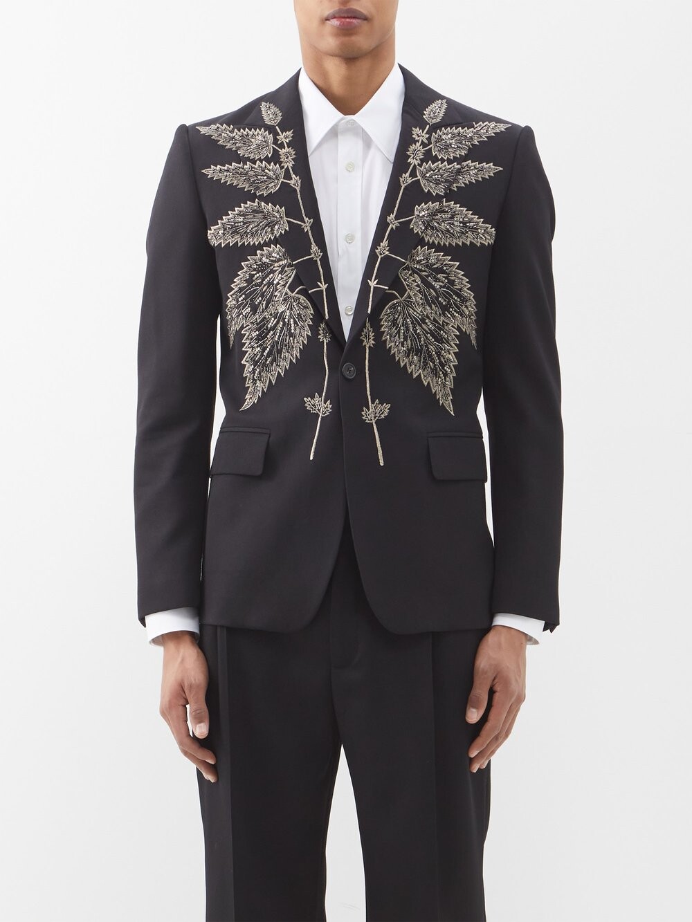 

Однобортный шерстяной пиджак с вышивкой Alexander McQueen, черный