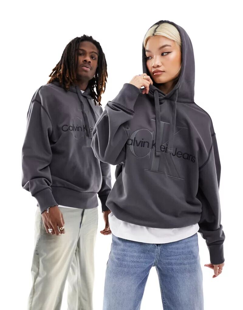 

Черное худи унисекс с монограммой и логотипом Calvin Klein, Серый