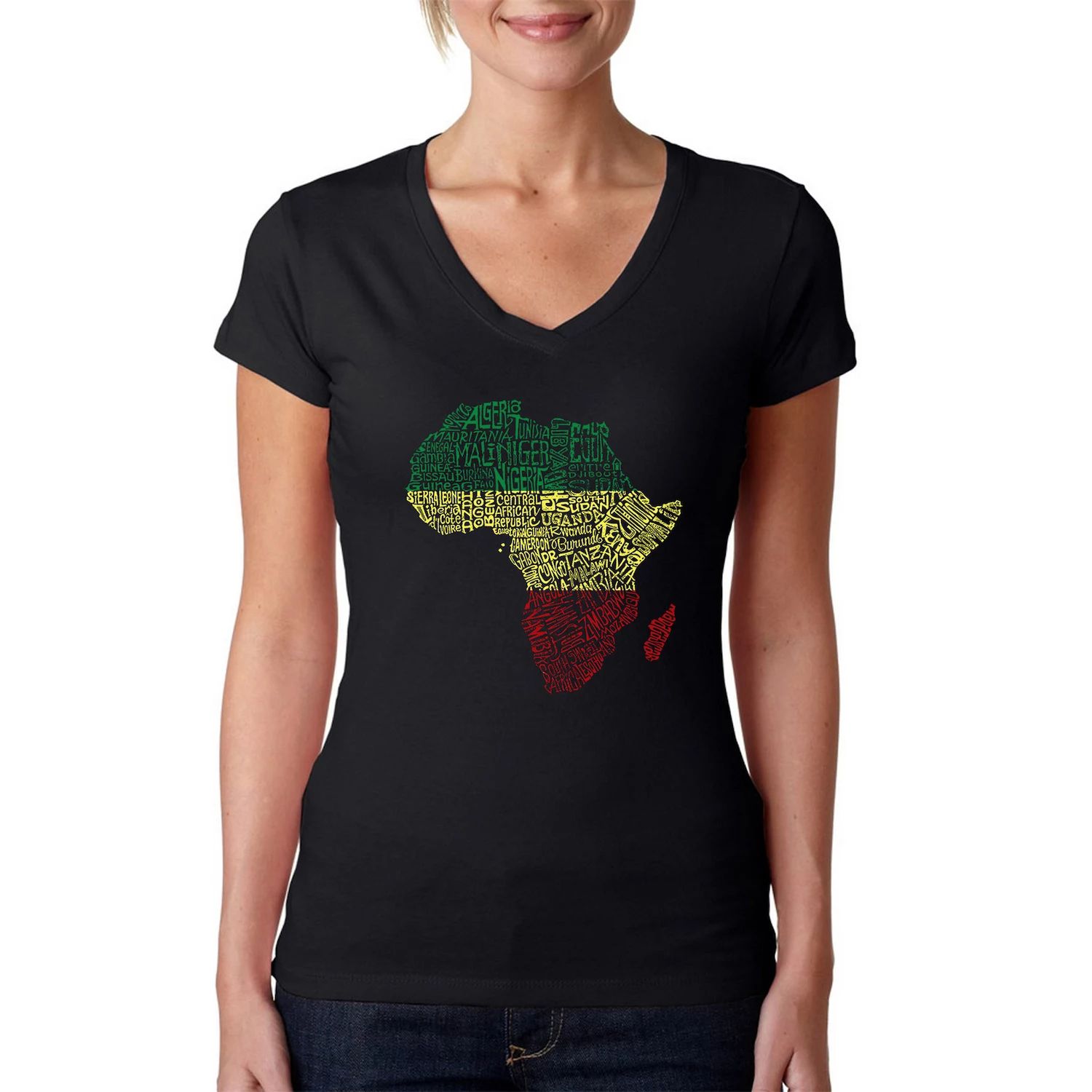 Страны Африки — женская футболка с v-образным вырезом и надписью Word Art LA Pop Art