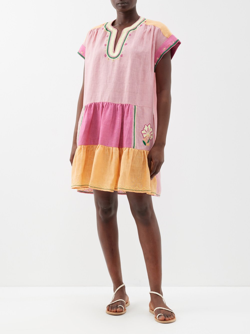 Ярусное льняное платье мини ashley с вышивкой Saloni, розовый