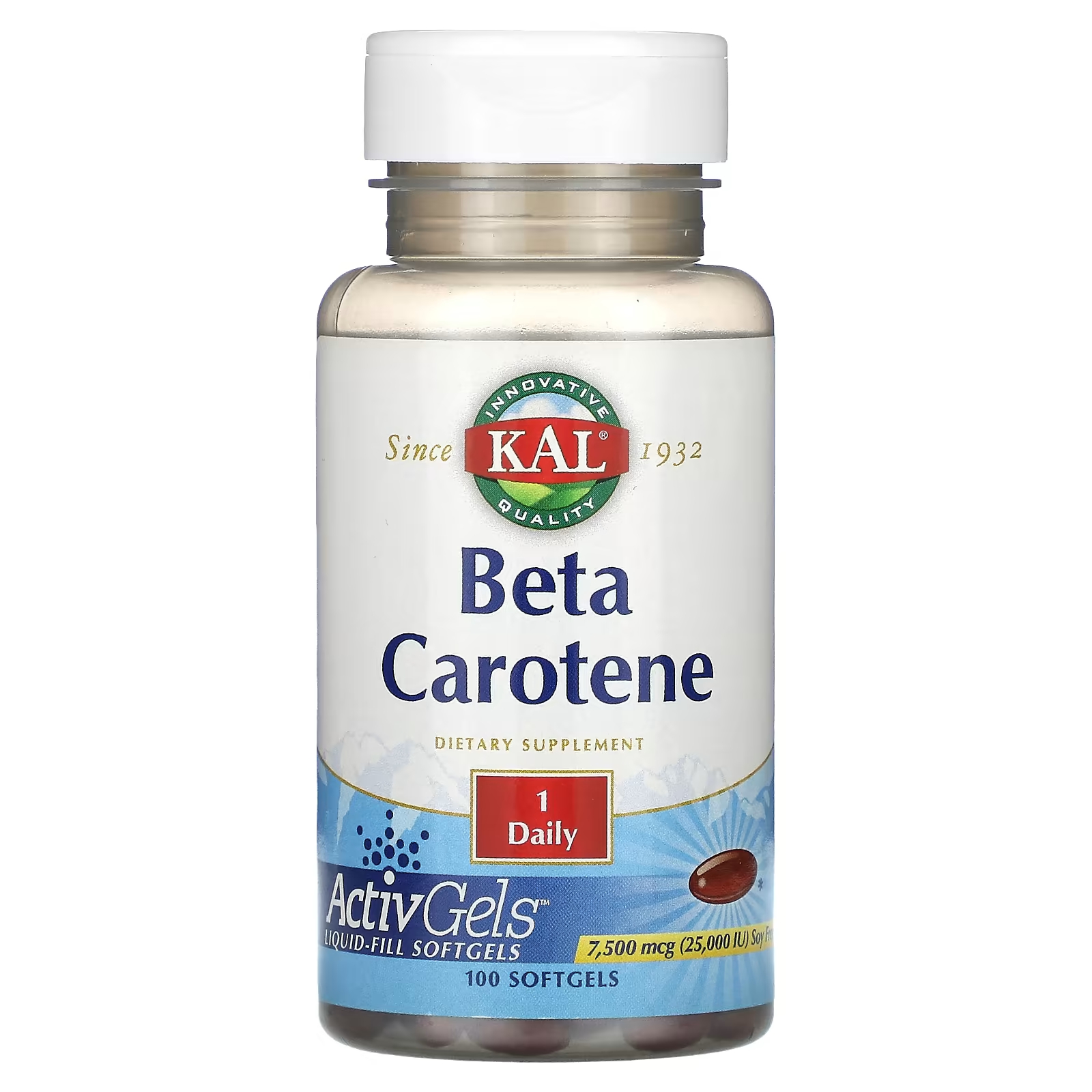 Бета-каротин KAL, 100 мягких таблеток kal бета каротин 7500 мкг 25000 ме 100 мягких таблеток