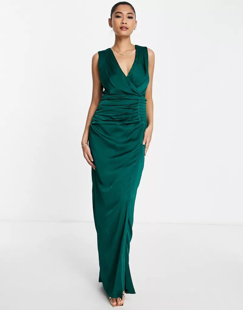 цена Атласное платье макси с запахом спереди из ликерного изумрудно-зеленого цвета Liquorish