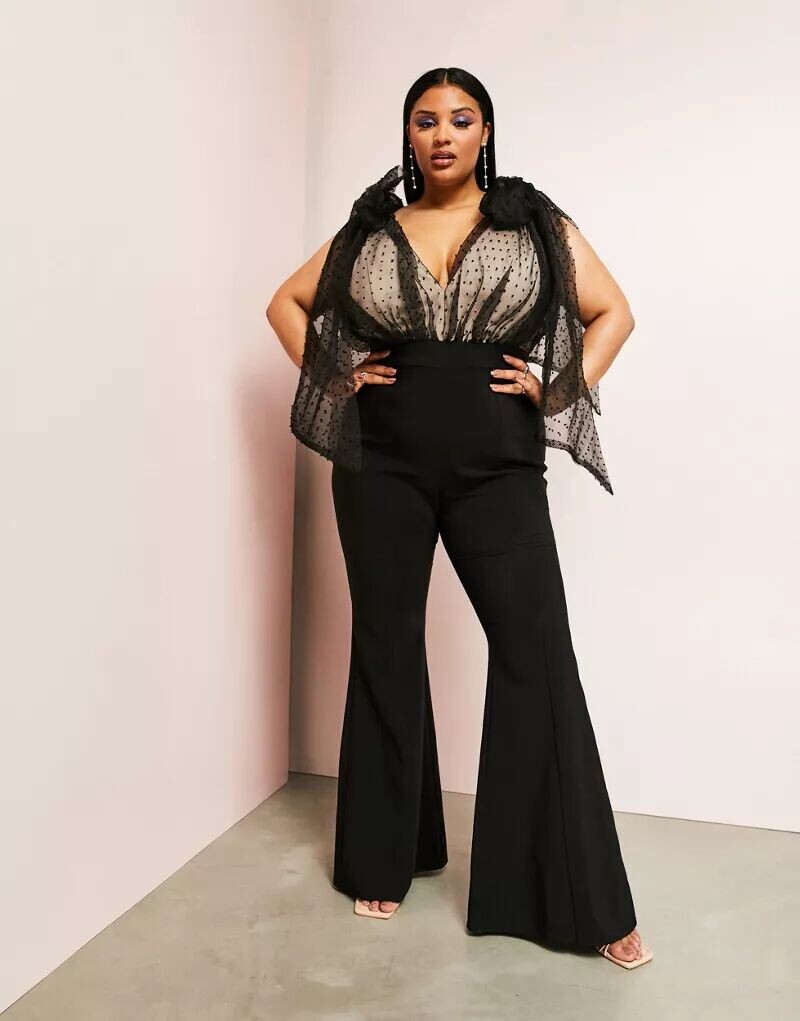 

Черный расклешенный комбинезон с завязками на плечах ASOS Curve