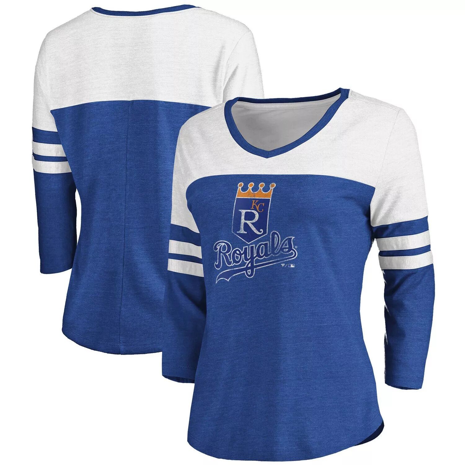 

Женская брендовая футболка Fanatics Heathered Royal/White Kansas City Royals, двухцветная потертая футболка Cooperstown Collection Tri-Blend, с v-образным вырезом и рукавами 3/4 Fanatics