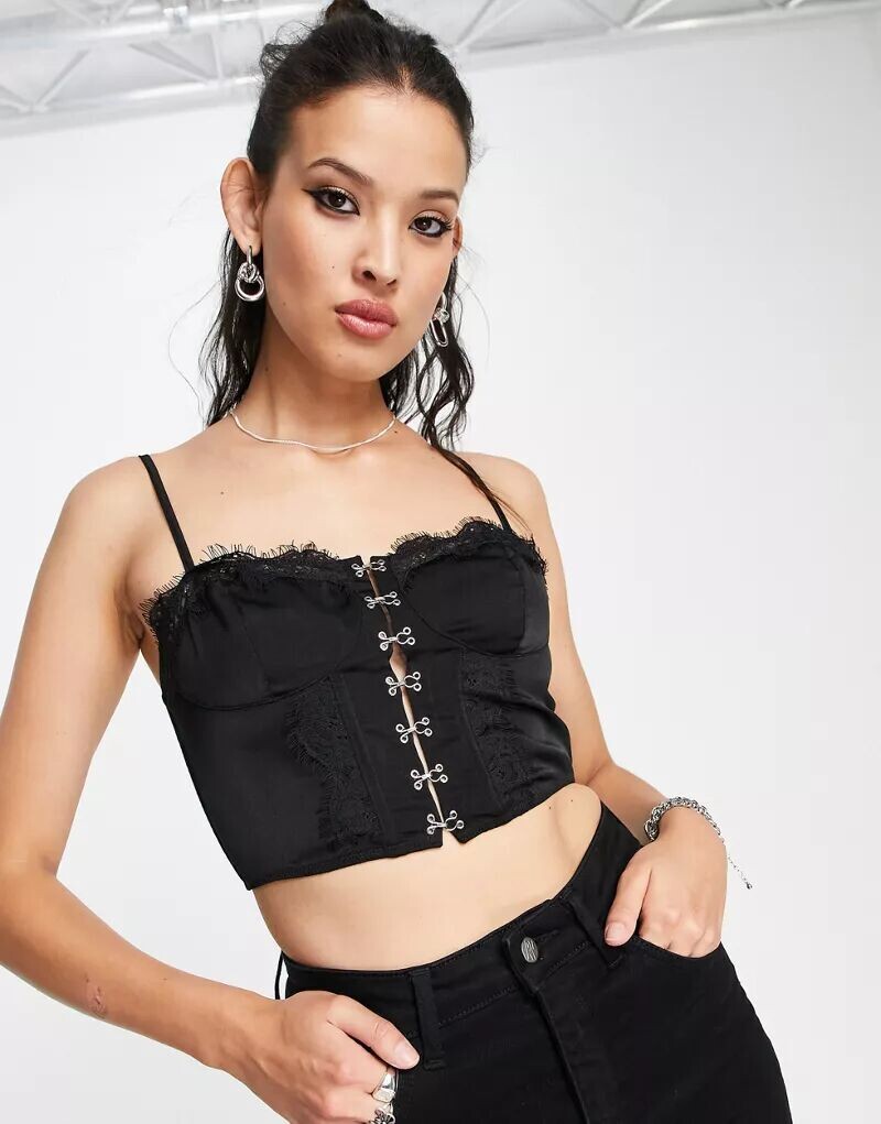 

Черный корсет-бретелька с кружевной вставкой и застежкой на крючки ASOS