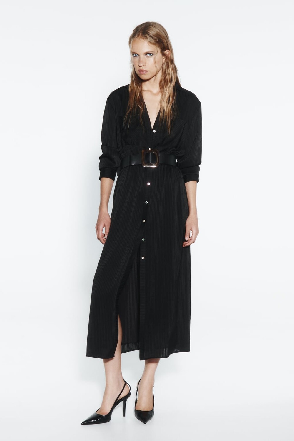 

Платье миди с поясом ZARA, черный