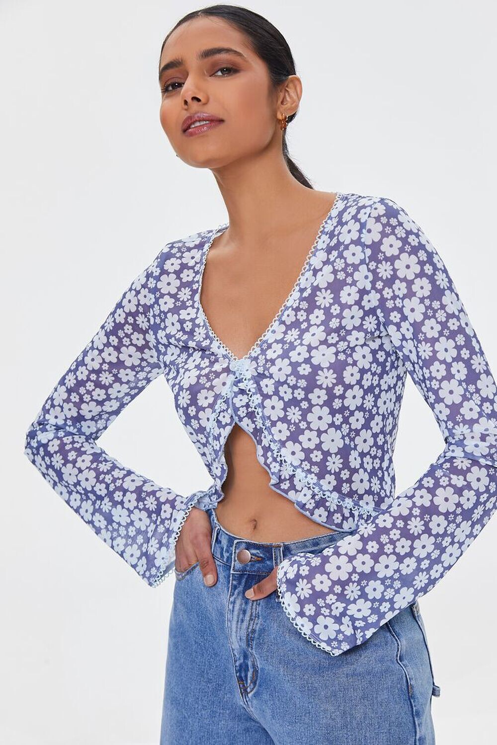 

Укороченный топ из сетки с цветочным принтом Forever 21, индиго