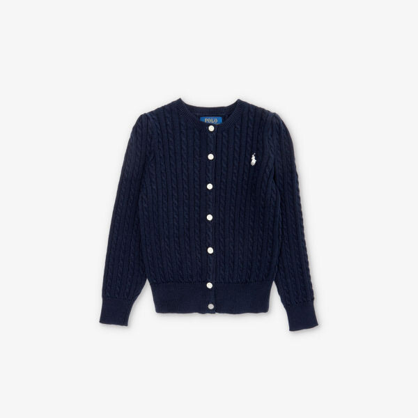 

Хлопковый кардиган косой вязки для девочек с фирменной вышивкой Polo Ralph Lauren, цвет hunter nvy
