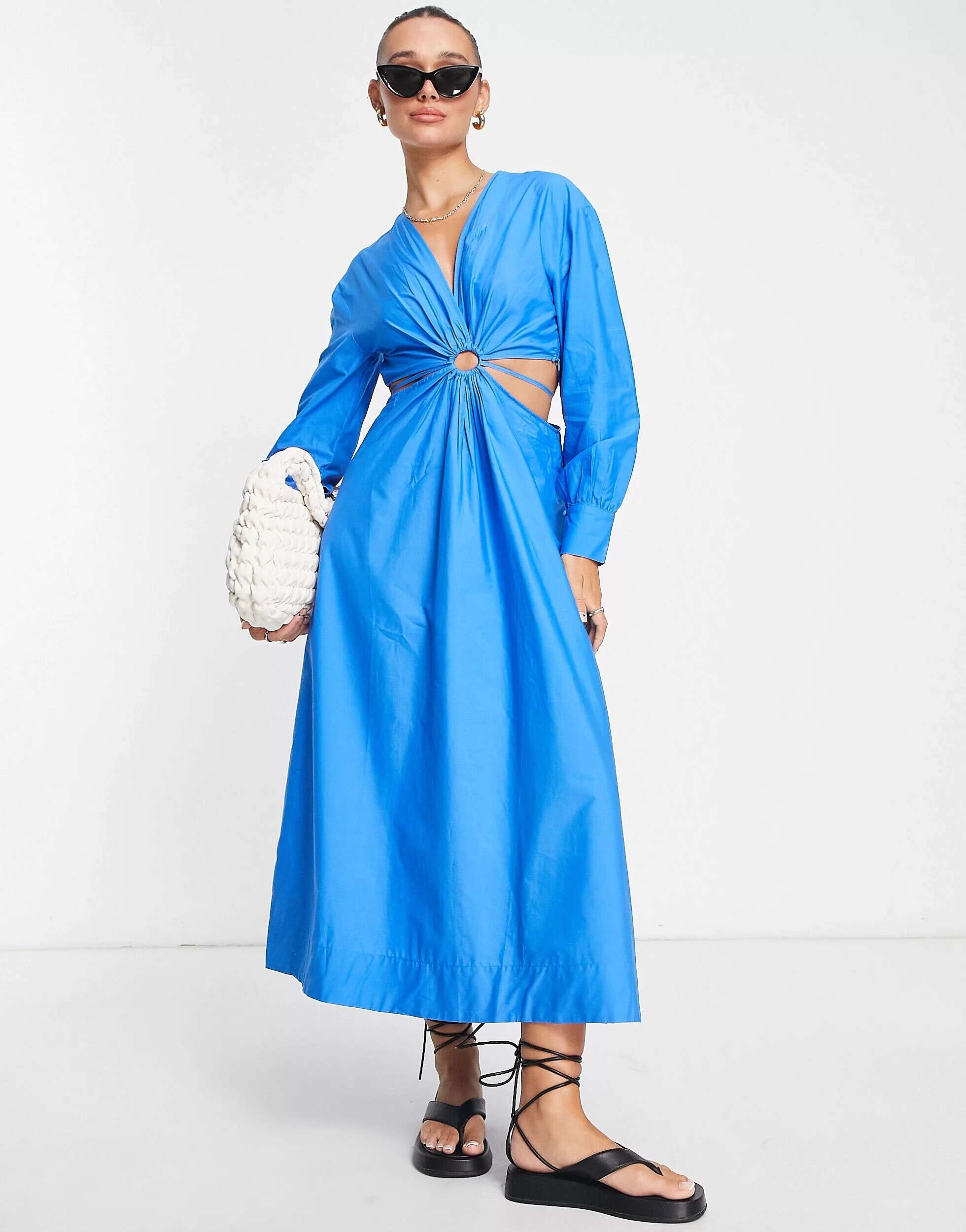 Ярко-синее платье миди с вырезами и кольцами Mango
