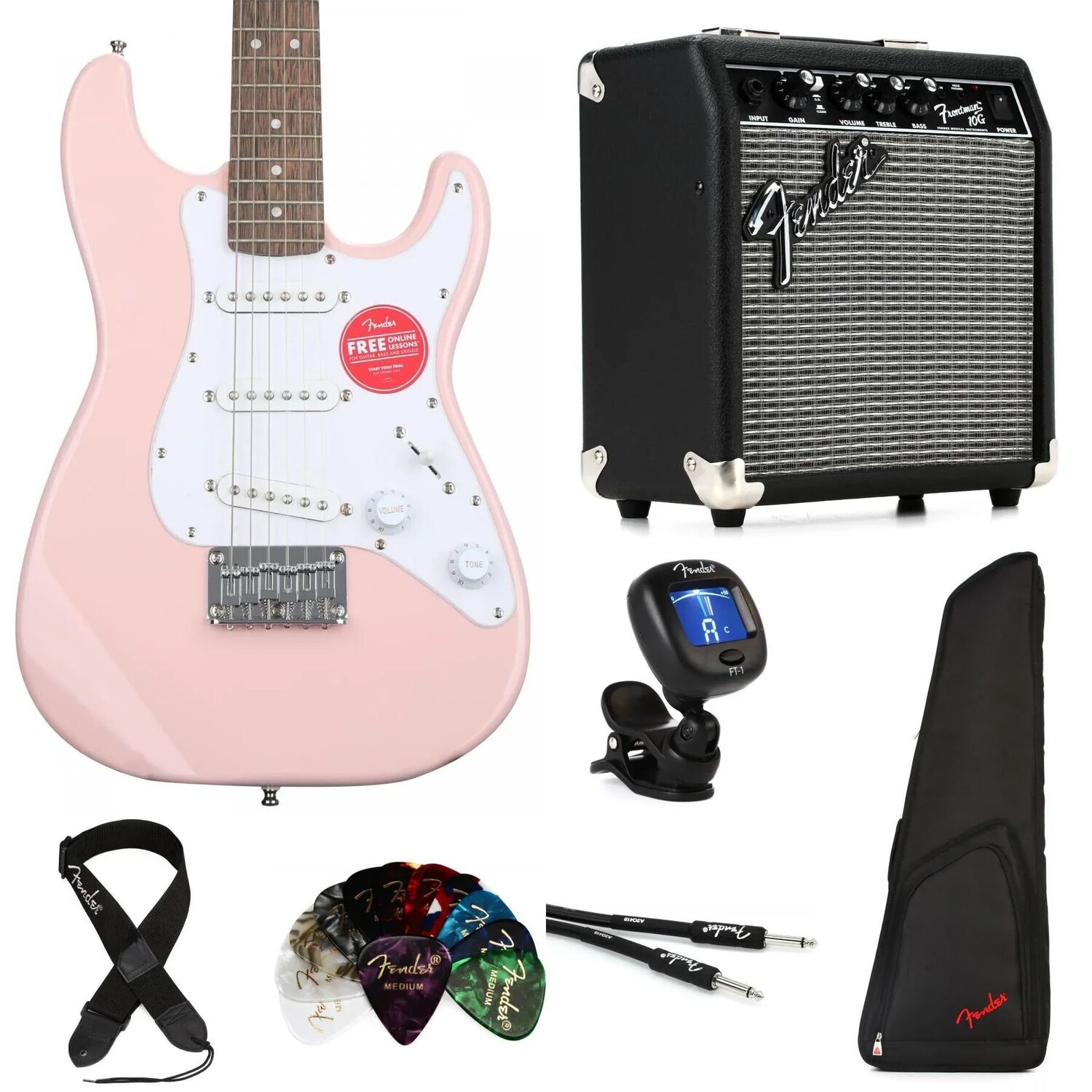 

Комплект электрогитары Squier Mini Strat и Fender Frontman, 10 амперов Essentials — Shell Pink