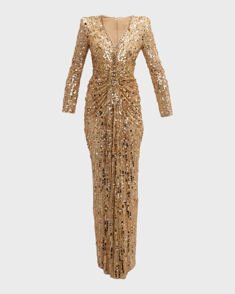 

Расшитое бисером платье Imani с глубоким вырезом и сильными плечами Jenny Packham
