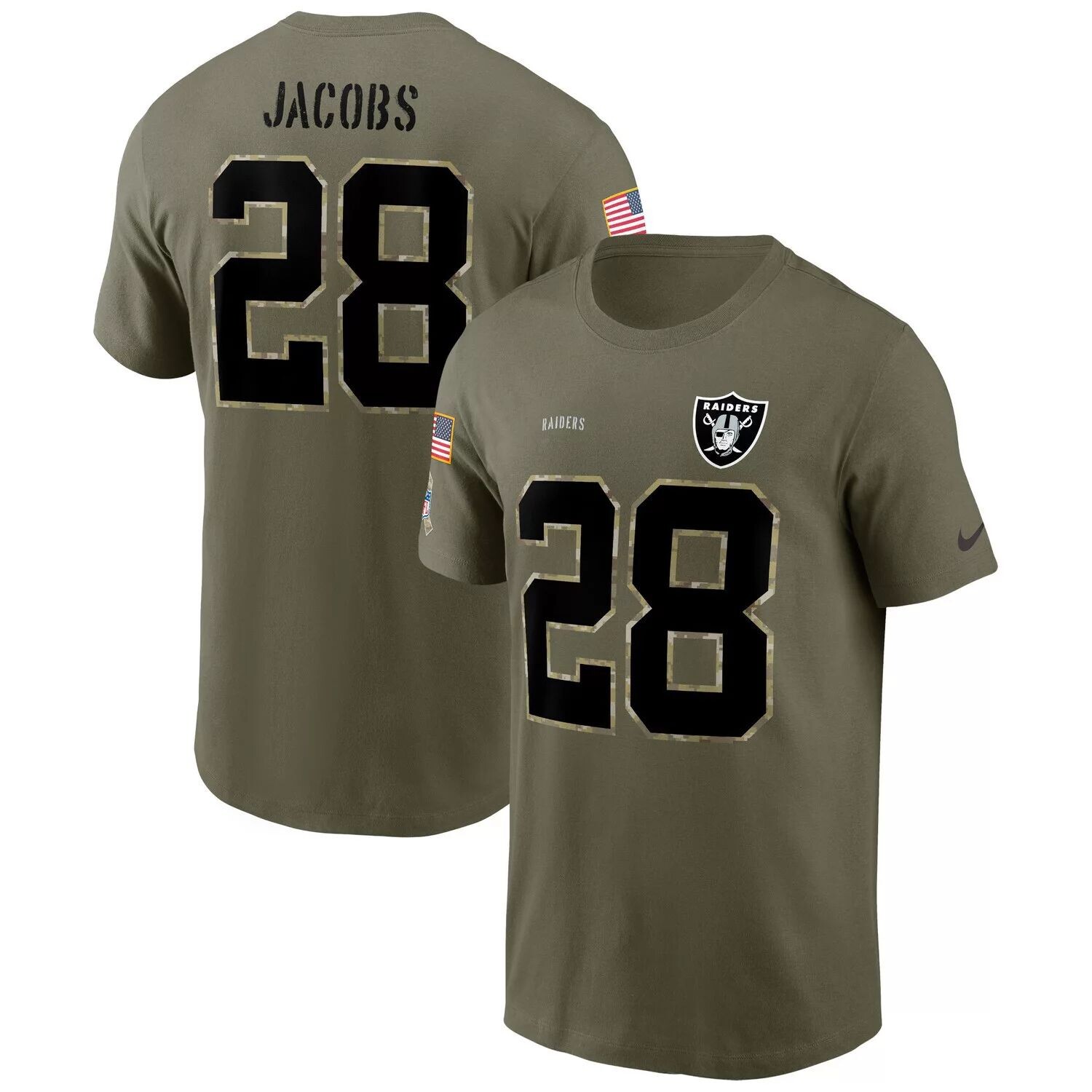 

Мужская футболка Nike Josh Jacobs Olive Las Vegas Raiders 2022 Salute To Service с именем и номером