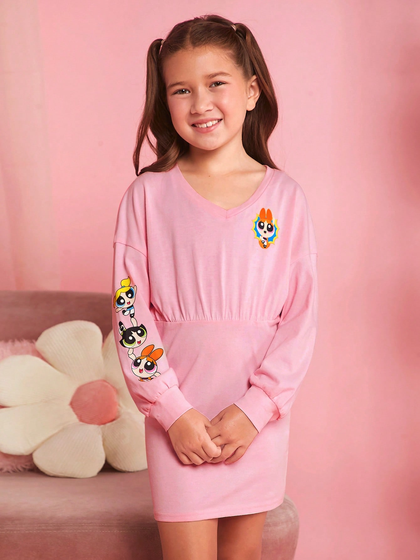 Платье для девочек-подростков SHEIN с мультяшным рисунком и заниженными плечами, детский розовый