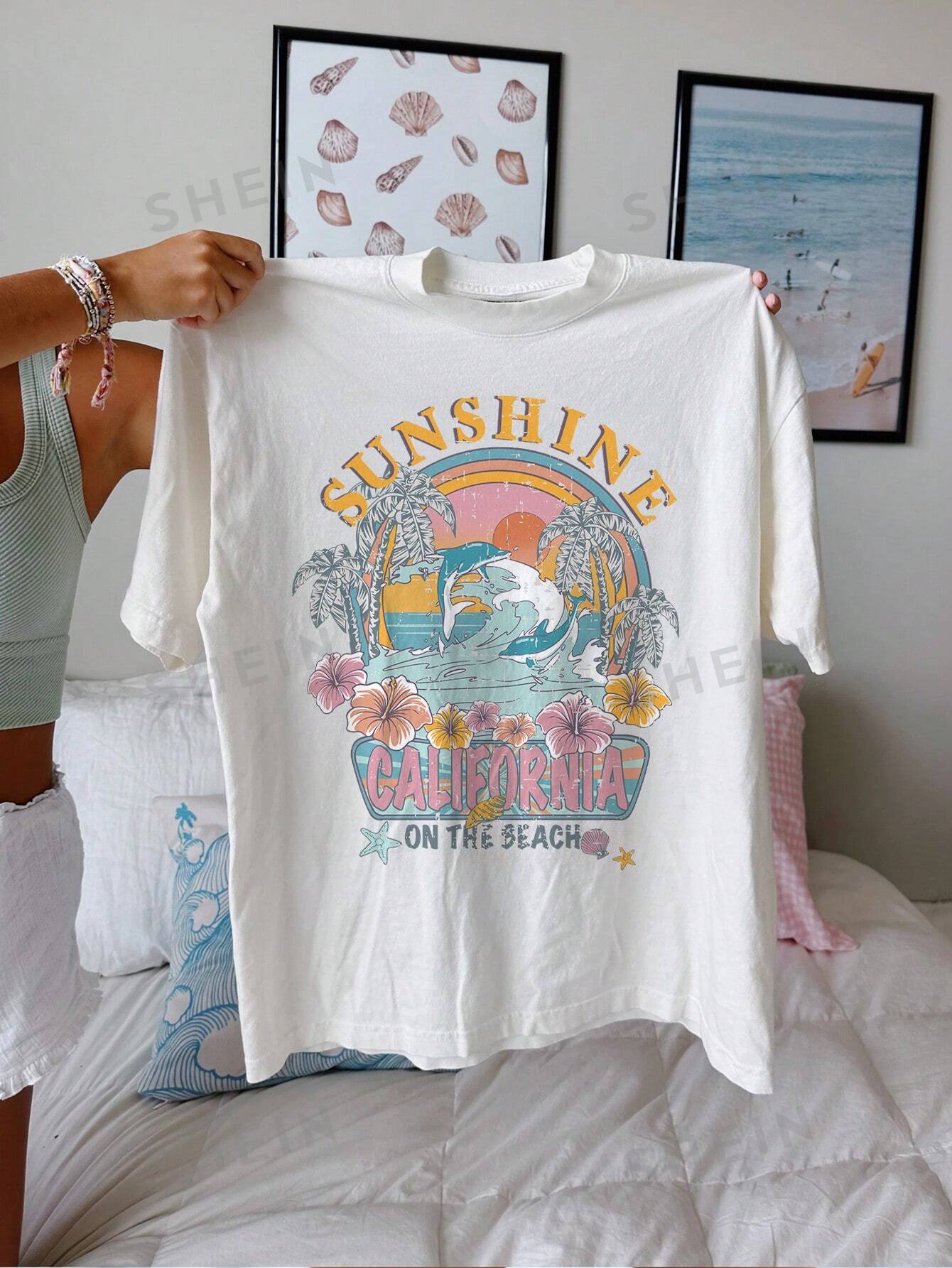 SHEIN EZwear Повседневная простая женская футболка с круглым вырезом и короткими рукавами с широким островным принтом, белый простая женская футболка с круглым вырезом и длинными рукавами 14 18 кремового цвета