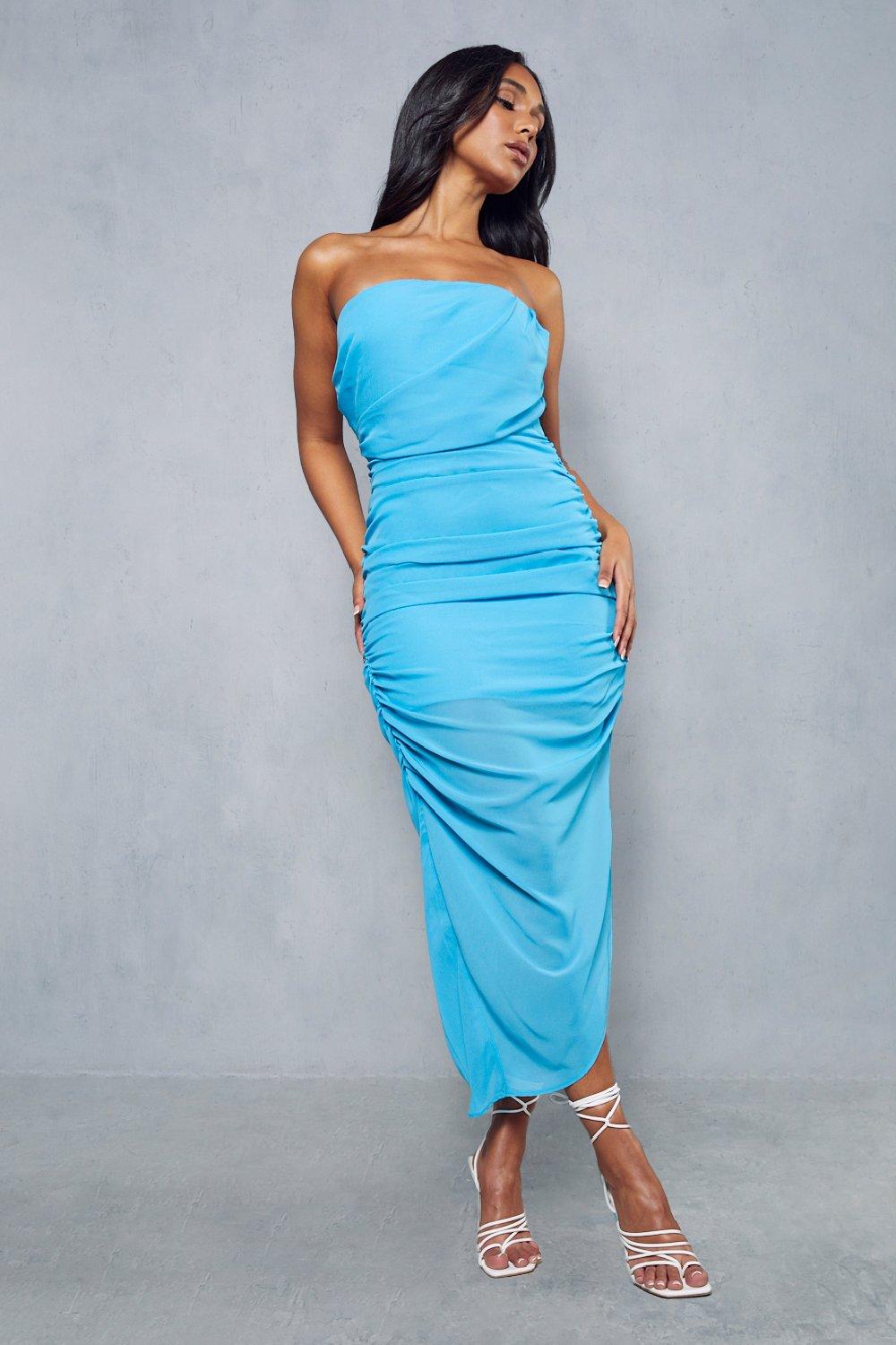 цена Шифоновое платье миди бандо с асимметричным подолом и драпировкой MISSPAP, синий