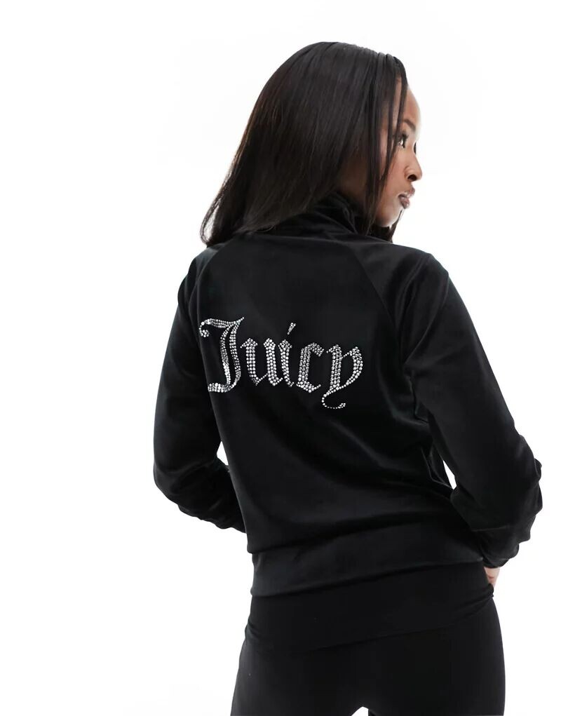

Велюровая спортивная куртка на молнии Juicy Couture черного цвета с логотипом из страз на спине