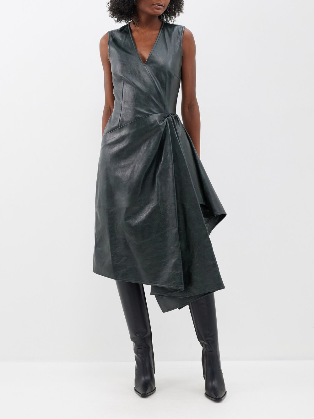 

Асимметричное кожаное платье миди Bottega Veneta, зеленый
