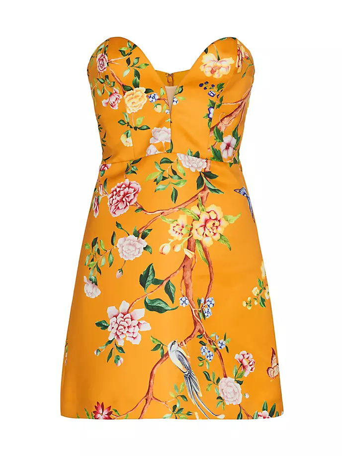 Атласное мини-платье без бретелек Duchesse с цветочным принтом Marchesa Notte, золотой