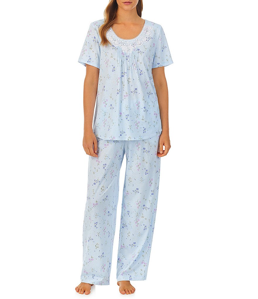Хлопковый вязаный пижамный комплект Carole Hochman с короткими рукавами и круглым вырезом с цветочным принтом, синий yndfcnb carole