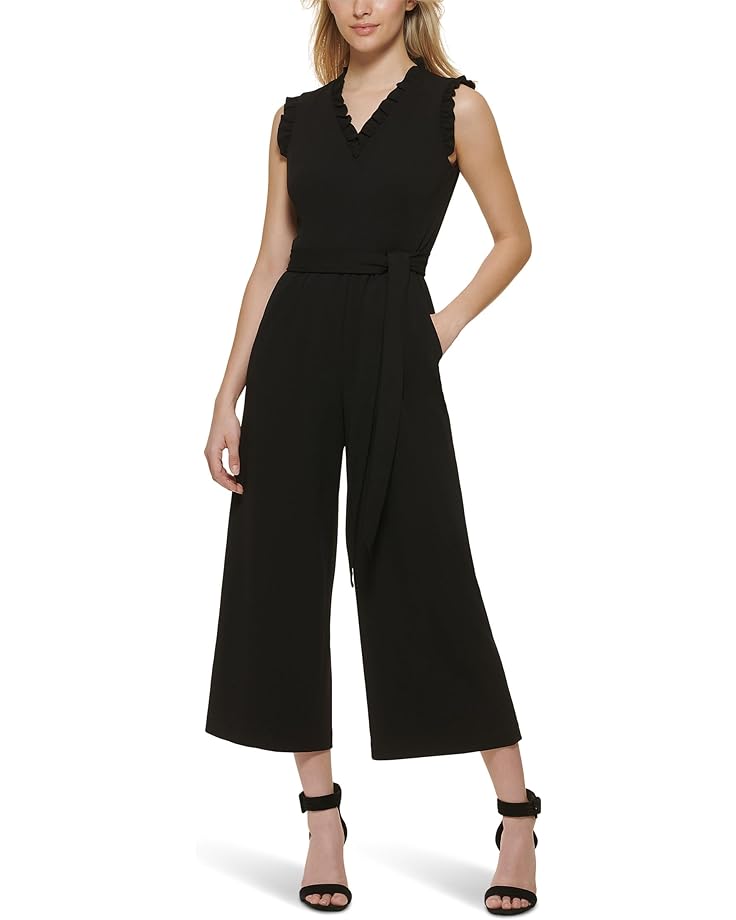 girls velvet ruffle trim criss cross jumpsuit Платье Calvin Klein V-Neck Jumpsuit with Ruffle Trim, черный